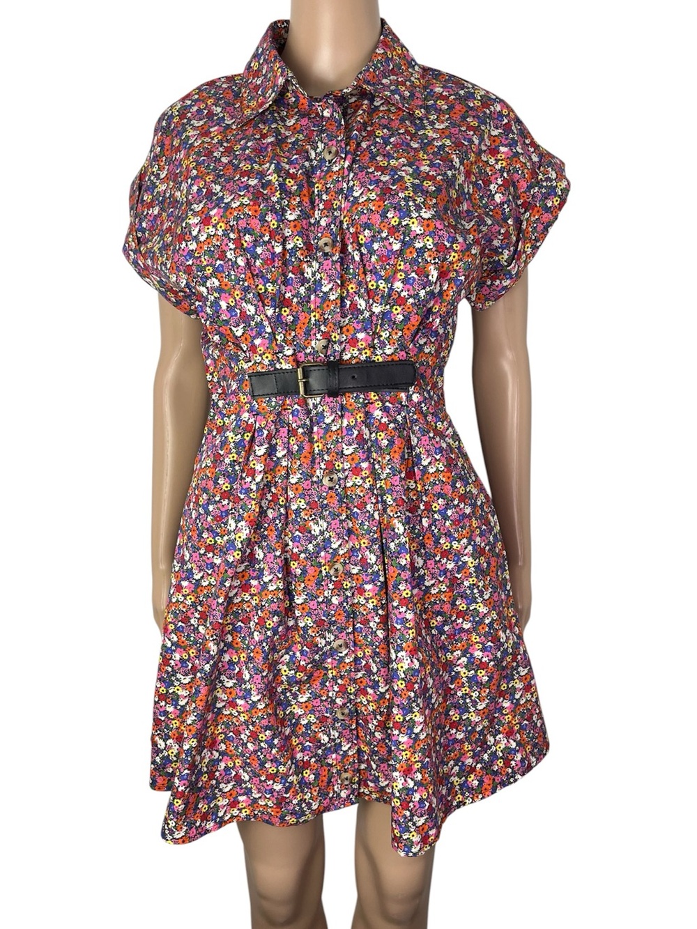 New Anthropologie Faye Short-Sleeve Floral Print Belted Cotton Summer Shirtdress